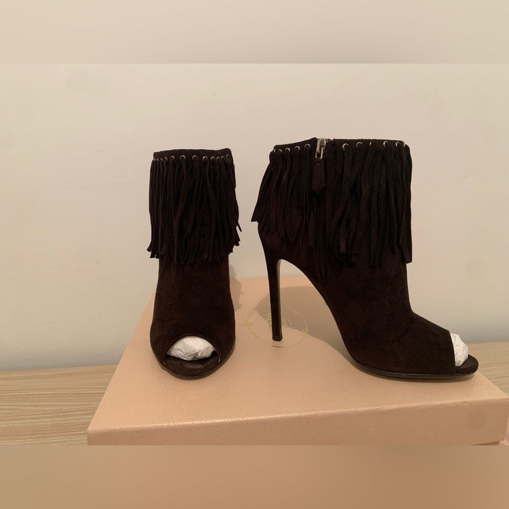 PRADA Peep Toe bootie Size 36.5/ 6.5 suede chocolate brown color
